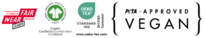 Quality Certifications of GOTS, Oeko Tex Organic Garments, Peta Approved Vegan, FairWear