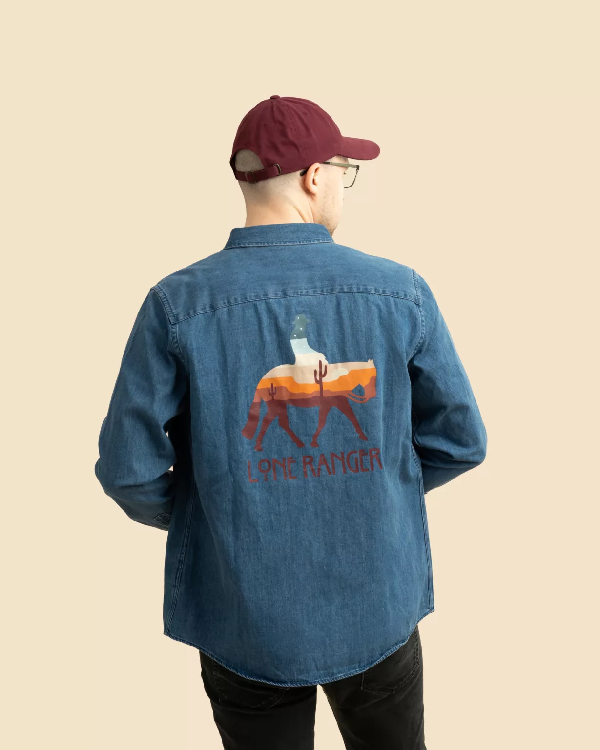 LavendersRanch (LR) Lone Ranger Jeanshemd – nachhaltiges Western-Jeanshemd mit Lone Ranger-Aufdruck auf der Rückseite für Damen und Herren