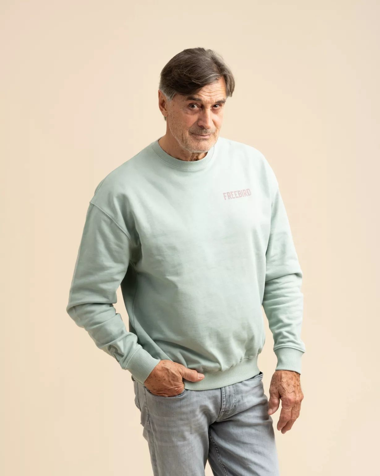 Aloe mint-colored sweatshirt made from sustainable organic cotton by LavendersRanch (LR), perfect for casual, eco-friendly style.