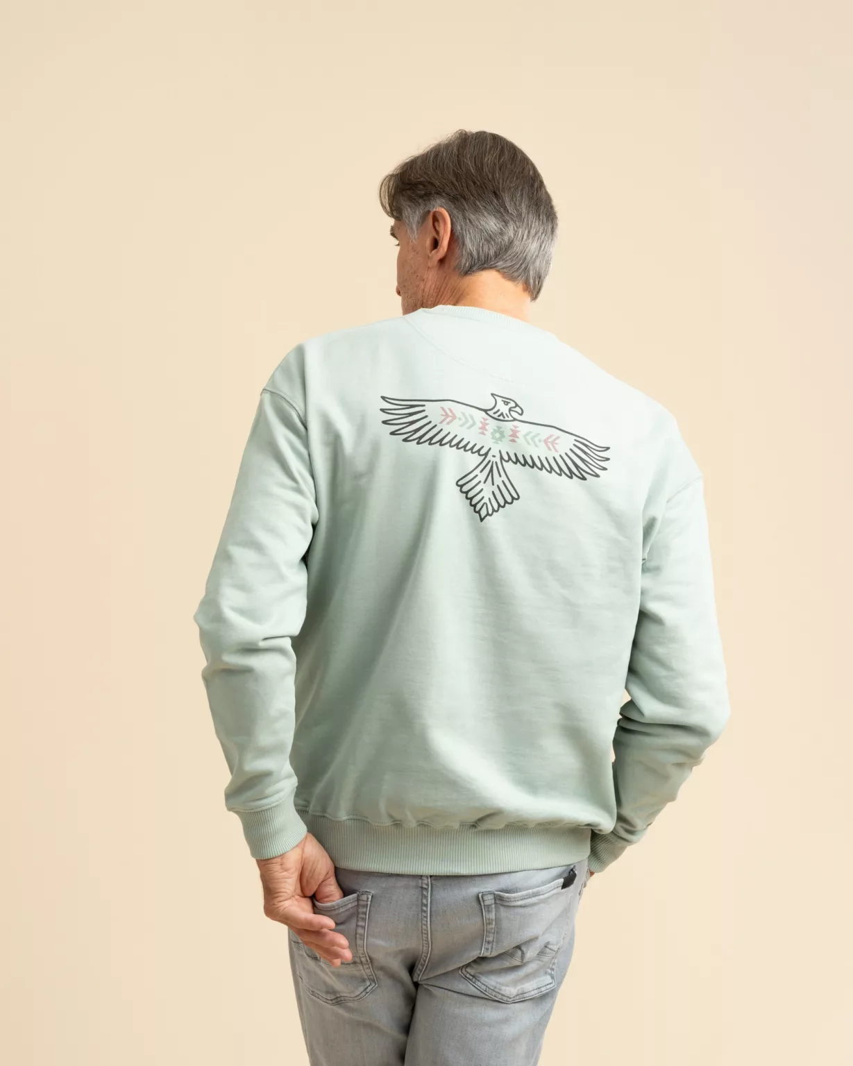 Back view of LavendersRanch (LR) aloe sweatshirt featuring an embroidered eagle design, made from sustainable organic cotton.