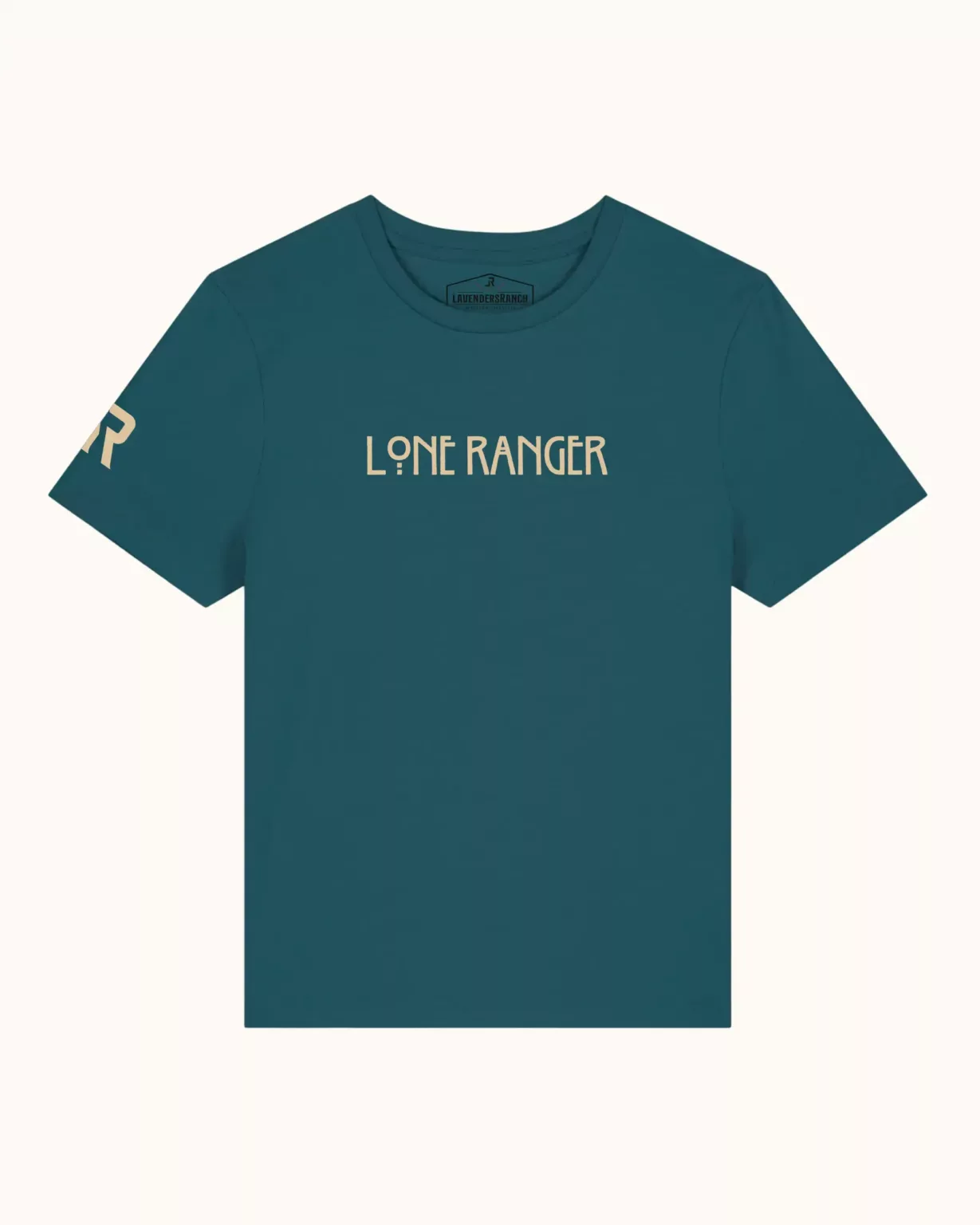 Teeblaues Lone Ranger T-Shirt für Frauen mit aufgedrucktem Lone Ranger-Schriftzug und LR-Logo, hergestellt aus Bio-Baumwolle von LavendersRanch (LR) für bewusste Westernmode.