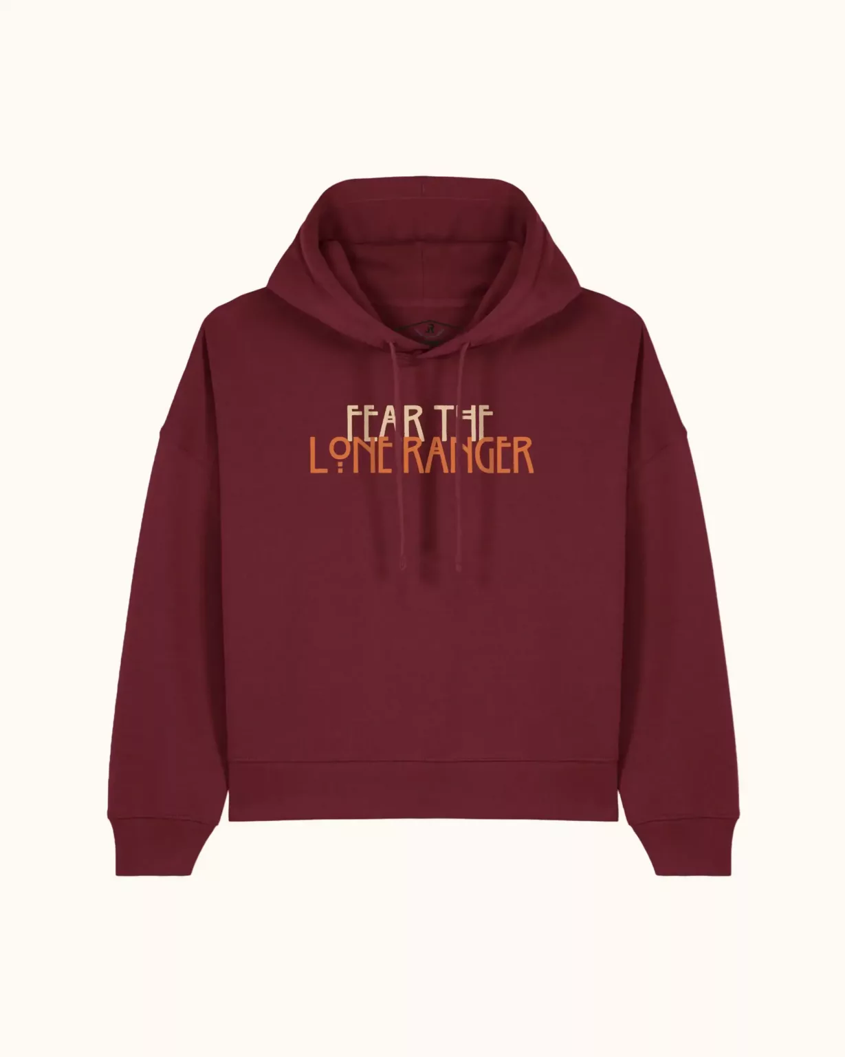 Front view of cropped womens hoodie in burgundy by LavendersRanch (LR) made from organic cotton with Lone Ranger western country print