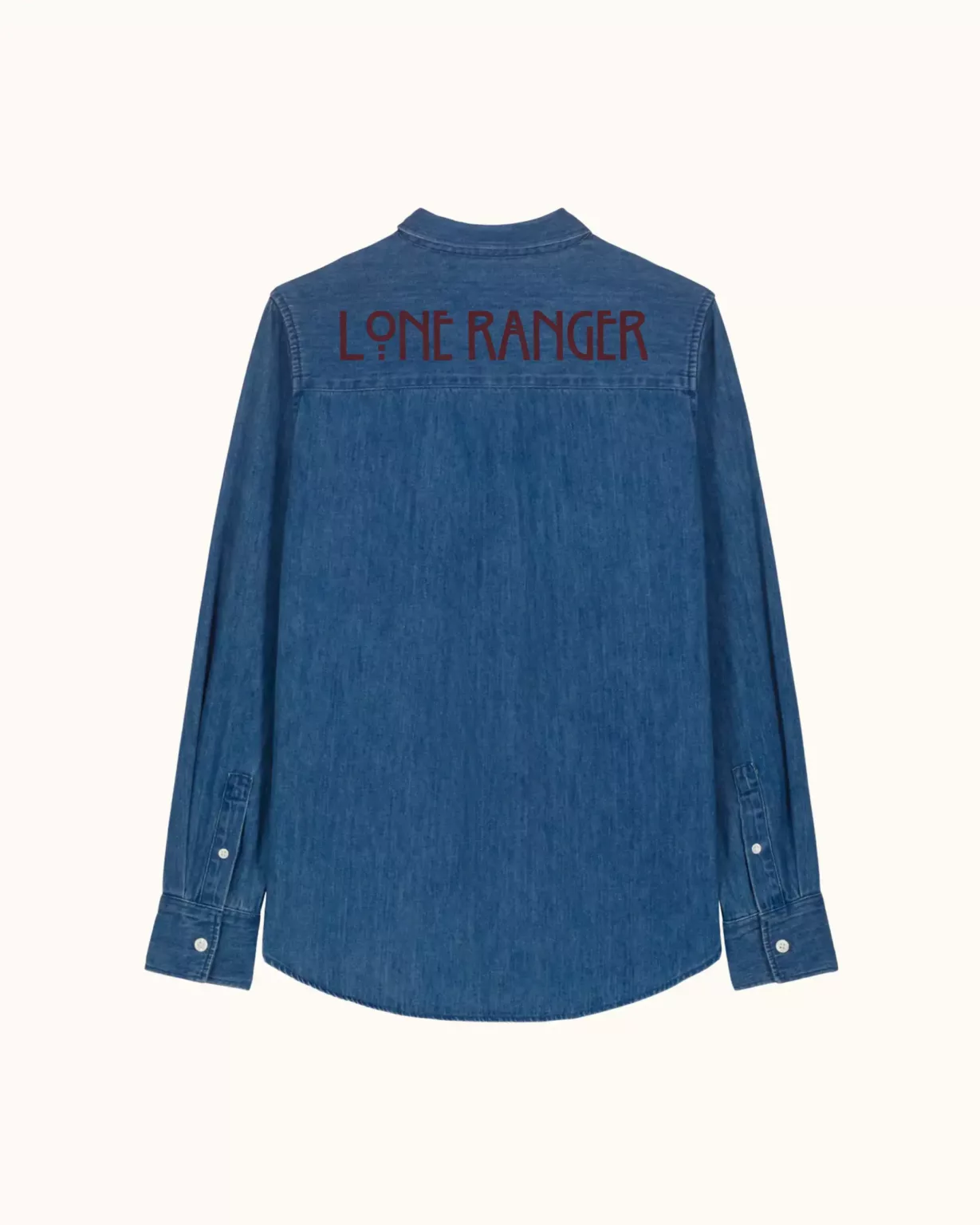 Back view of women’s sustainable denim shirt by LavendersRanch (LR) with large Lone Ranger print, western country style and fair conscious fashion design
