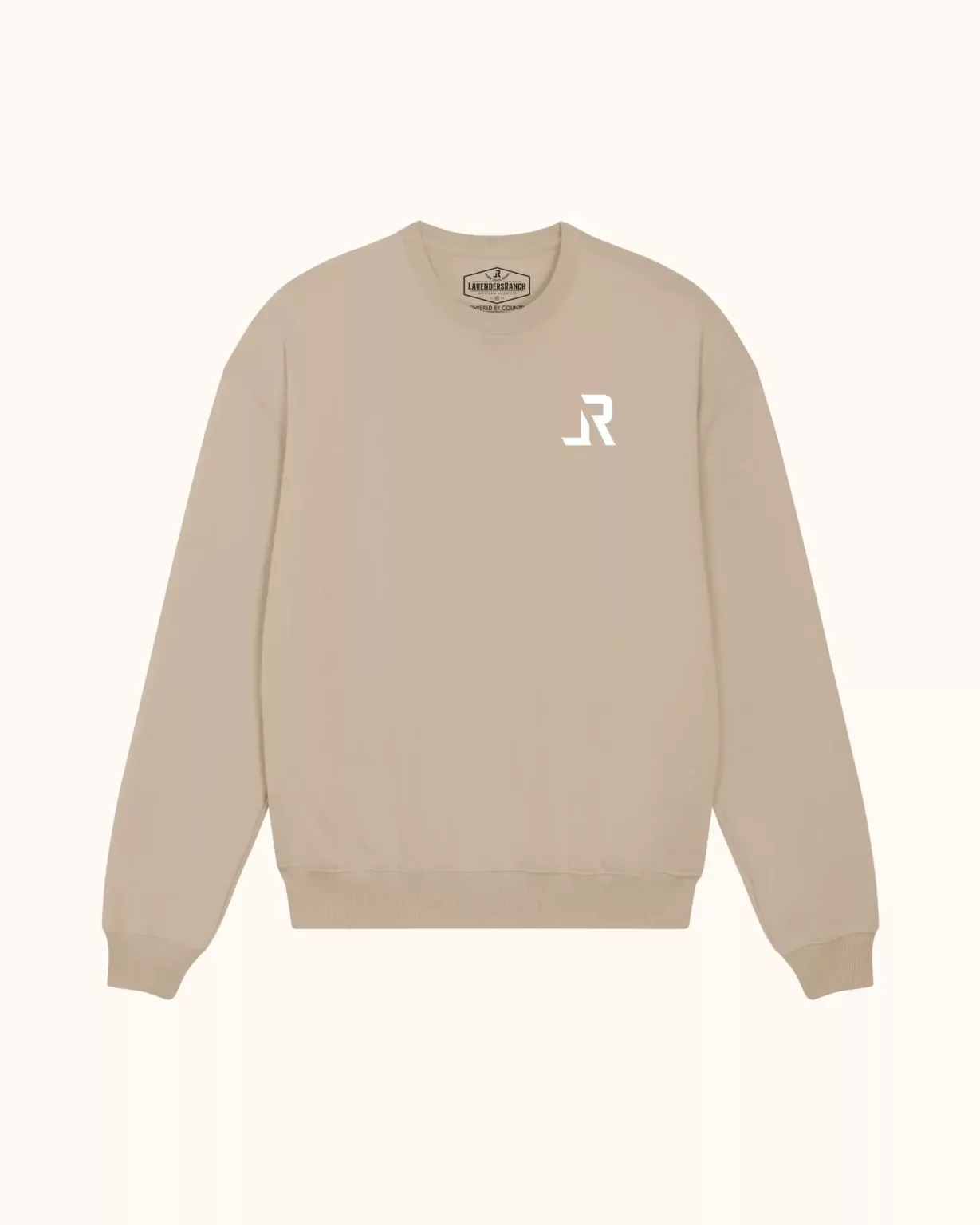 Front view of unisex sustainable sweatshirt in desert beige by LavendersRanch (LR) made from organic cotton with white LR logo embroidery in western country style