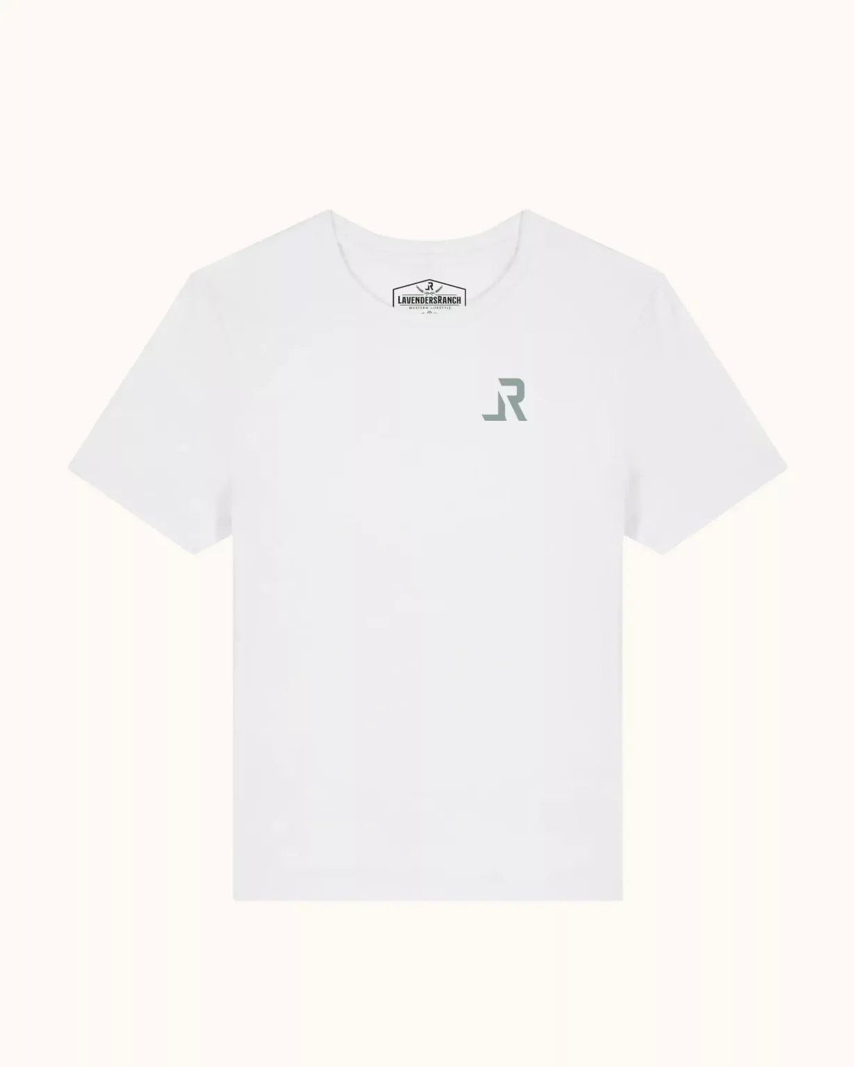 LavendersRanch (LR) women’s snow white t-shirt with subtle green glitter LR logo on the chest, clean western inspired design made from sustainable organic cotton.