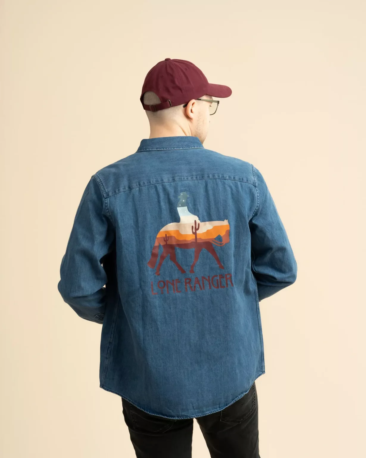 LavendersRanch (LR) Lone Ranger denim shirt – sustainable western denim shirt with lone ranger back print for men and women
