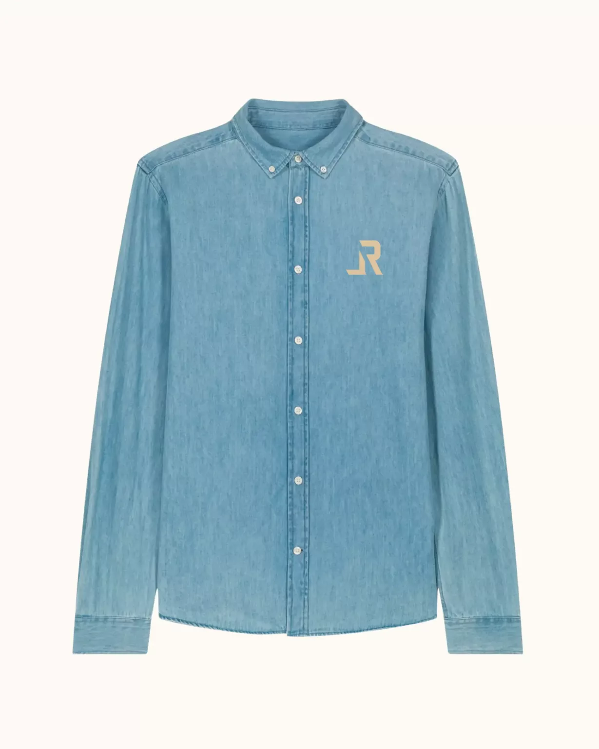 Vorderansicht des LavendersRanch (LR) „Freebird“ Denim Hemds in Light Denim mit dezentem LR-Logo im Western Style.