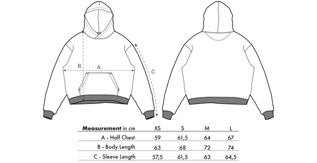 Size chart for LavendersRanch (LR) unisex oversized hoodie made from 100% organic cotton, with measurements for half chest, body length, and sleeve length in sizes XS, S, M, L.