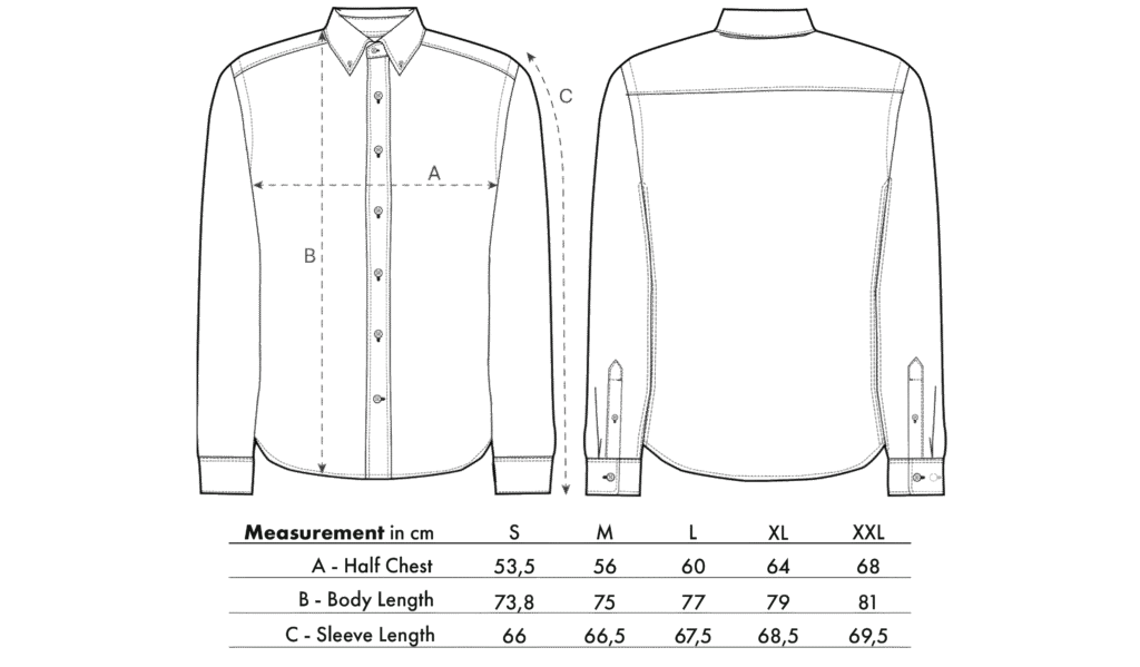 LavendersRanch (LR) unisex denim shirt size chart with A (Half Chest), B (Body Length), and C (Sleeve Length) measurements. Made from 100% organic cotton, combining sustainable fashion with western and country style.