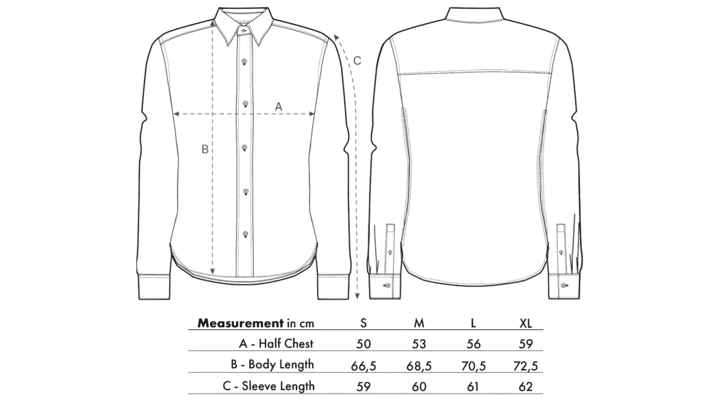 Size chart for LavendersRanch (LR) women's denim shirts made from 100% organic cotton, with measurements for half chest, body length, and sleeve length in sizes S, M, L, and XL.