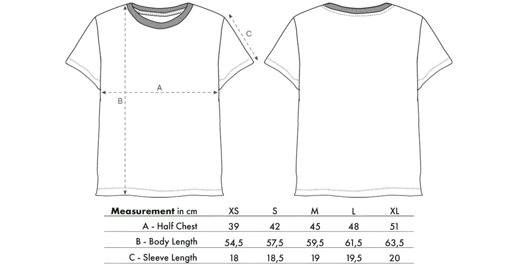 Size chart for LavendersRanch (LR) women’s basic t-shirts made from 100% organic cotton, with measurements for half chest, body length, and sleeve length in sizes XS, S, M, L, and XL.