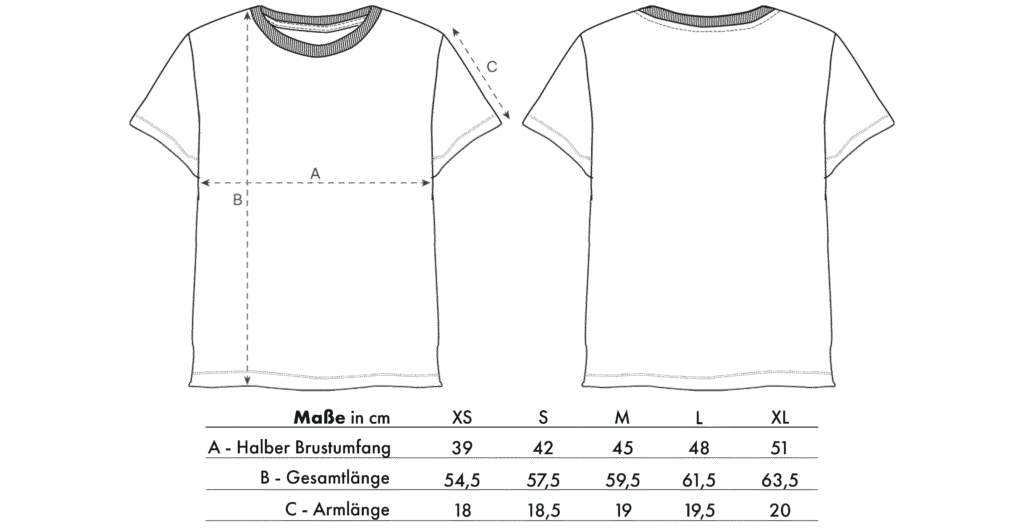 Größentabelle für LavendersRanch (LR) Damen-Basic-T-Shirts aus 100 % Bio-Baumwolle, mit Maßen für Brustumfang, Körperlänge und Ärmellänge in den Größen XS, S, M, L und XL.