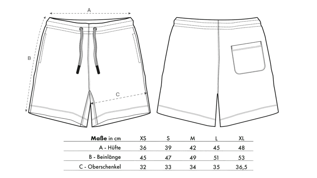 LavendersRanch (LR) Shorts Größentabelle mit den Maßen A (Taille), B (Beinlänge) und C (Oberschenkel). Hergestellt aus 100% Bio-Baumwolle, kombiniert sie nachhaltige Mode mit Western- und Country-Stil.