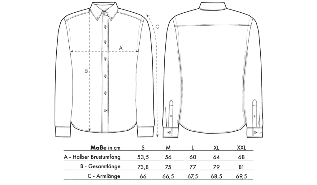 LavendersRanch (LR) Unisex Denim Shirt Größentabelle mit den Maßen A (halbe Brust), B (Körperlänge) und C (Ärmellänge). Hergestellt aus 100% Bio-Baumwolle, kombiniert es nachhaltige Mode mit Western- und Country-Stil.