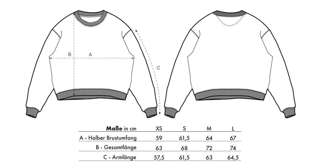 Größentabelle für LavendersRanch (LR) Unisex-Sweatshirts aus 100 % Bio-Baumwolle, mit Maßen für die halbe Brust, Körperlänge und Ärmellänge in den Größen XS, S, M und L.