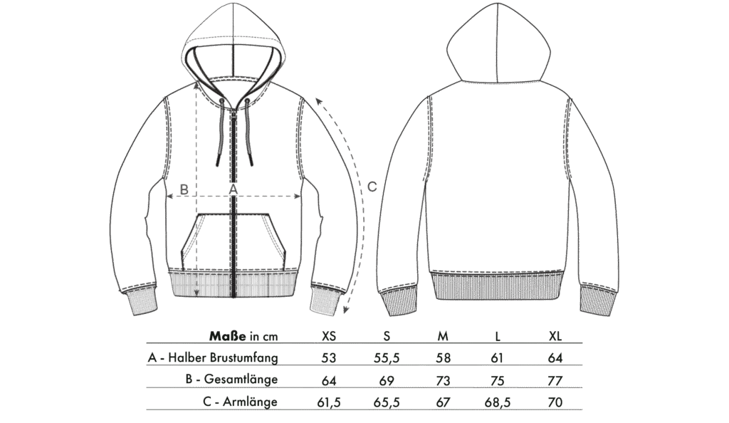 Größentabelle für die Unisex-Teddyjacke von LavendersRanch (LR) mit Außenmaterial aus 100 % Bio-Baumwolle und Innenfutter aus 100 % recyceltem Polyester, einschließlich der Maße für halbe Brust, Körperlänge und Ärmellänge in den Größen XS, S, M, L und XL.