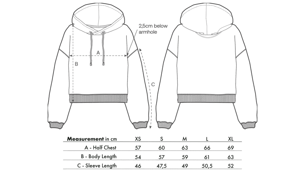 Size chart for women’s cropped hoodie in lavender and burgundy by LavendersRanch (LR), sustainable fashion with western country style.