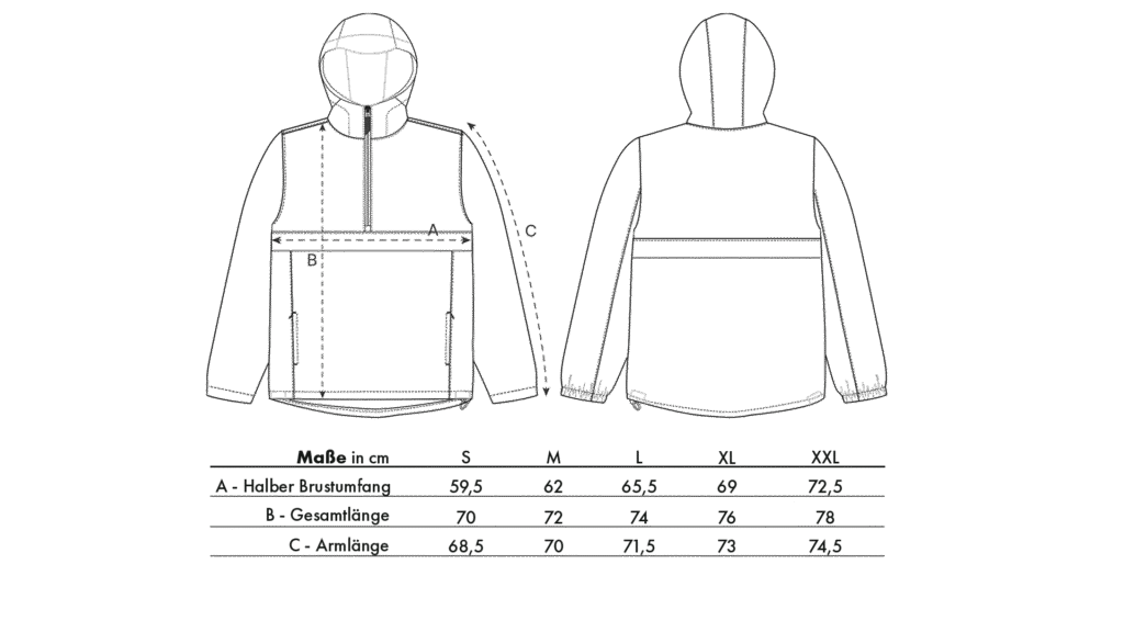 Größentabelle für die LavendersRanch (LR) Unisex-Windjacke aus 100% recycelten Materialien. Hilft Kunden, die richtige Passform für nachhaltige Outdoor-Mode zu finden.